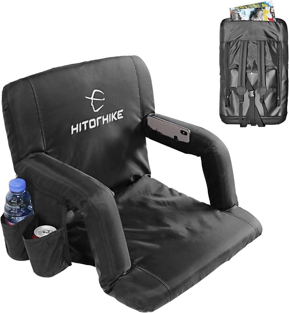 HITORHIKE Stadium Seat for Bleachers or Benches Portable Reclining Stadium Seat Chair with Padded Cushion Chair Back and Armrest Support (21", Black)