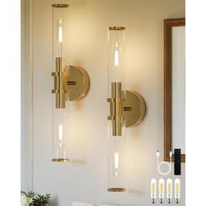 8000mAh Wireless Wall Sconces with Remote Control, Battery Operated Wall Sconce Set of 2 with Timer, Gold Rechargeable Dimmable Wall Lights for Living Room Bedroom Hallway Entryway 3000K, 20.5 Inch, 2 Pack