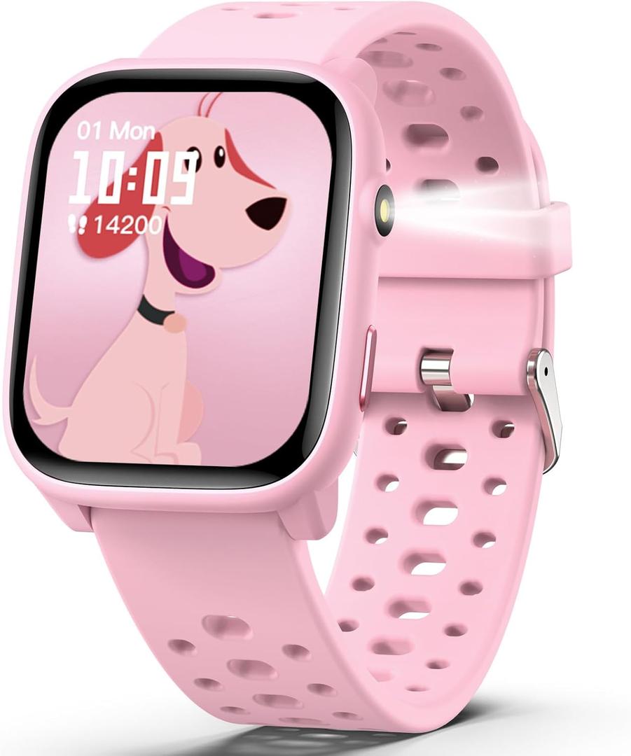 Kids Smart Watches Girls Gift Age 6-12 with 12 Puzzle Games, Heart Rate, Sleep Monitor, Pedometer, Flashlight, 1.83" Touchscreen IP68 Waterproof Kid Watch Brithday Gift for Girls (Pink)