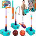 4 in 1 Toddler Basketball Hoop and T Ball Set Adjustable Kids Basketball Goal Baseball Tee with Pitching Machine Christmas Birthday Indoor Outdoor Sport Toy Games Gifts for Boys Girls Age 3-5