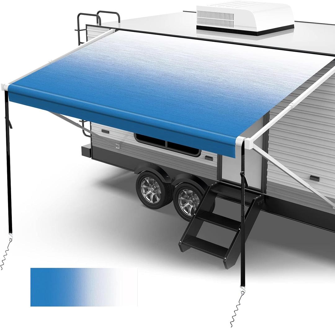 RV Awning Fabric Replacement, 19.5oz Heavy Duty Vinyl, with Tie Down Kits & 7 Hooks & Pull Strap for Trailer Camper Awning- 12'(Fabric 11'2"), Blue Fade