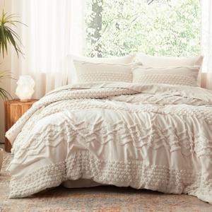 Luxudecor Beige Tufted Comforter Set Queen Size 3 Pieces Boho Shabby Chic Comforter Farmhouse Embroidery Bedding Set Soft Comforter for All Seasons (Beige, 90''x90'')