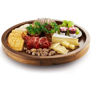 18" Acacia Wood Lazy Susan for Table Top - Wooden Brown Turntable Serving Tray for Charcuterie Boards Cheese Board - Extra Large Round Lazy Susan Organizer - Kitchen Revolution for Cabinet