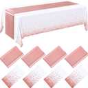 Breling 8 Pack White and Rose Gold Disposable Plastic Tablecloths and Satin Table Runner Set, 54 x 108 Inch Tablecloth, 12 x 108 Inch Table Runners for Wedding Graduation Birthday Baby Shower New Year