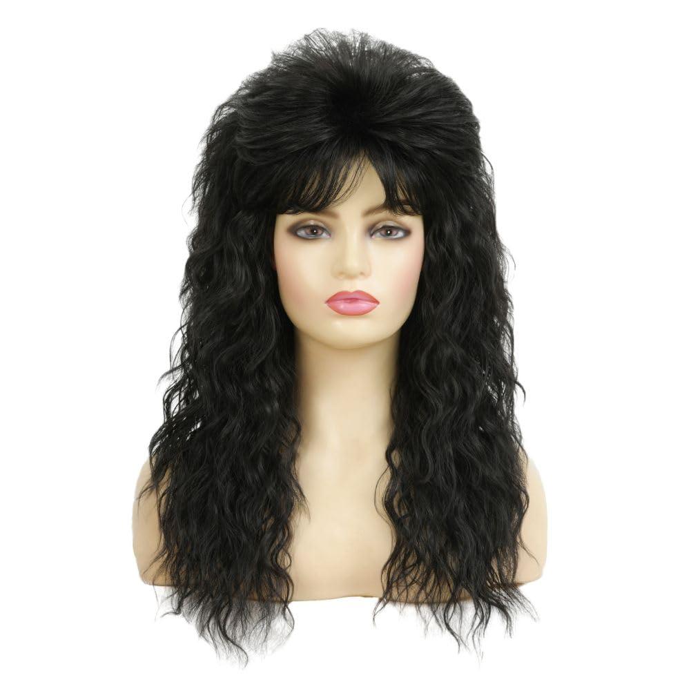 Long Black Curly Wigs for Women Mullet Wig with Bangs 70s 80s Costume Wigs for Halloween Daily Part Use