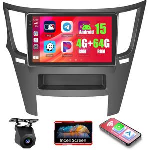 4+64GB Android 15 Car Radio for Subaru Legacy Outback 2010-2016 Wireless Carplay Android Auto, 9" 1280 * 720P in-Cell Touch Screen Car Stereo WiFi Bluetooth GPS FM/RDS EQ Backup Camera MIC