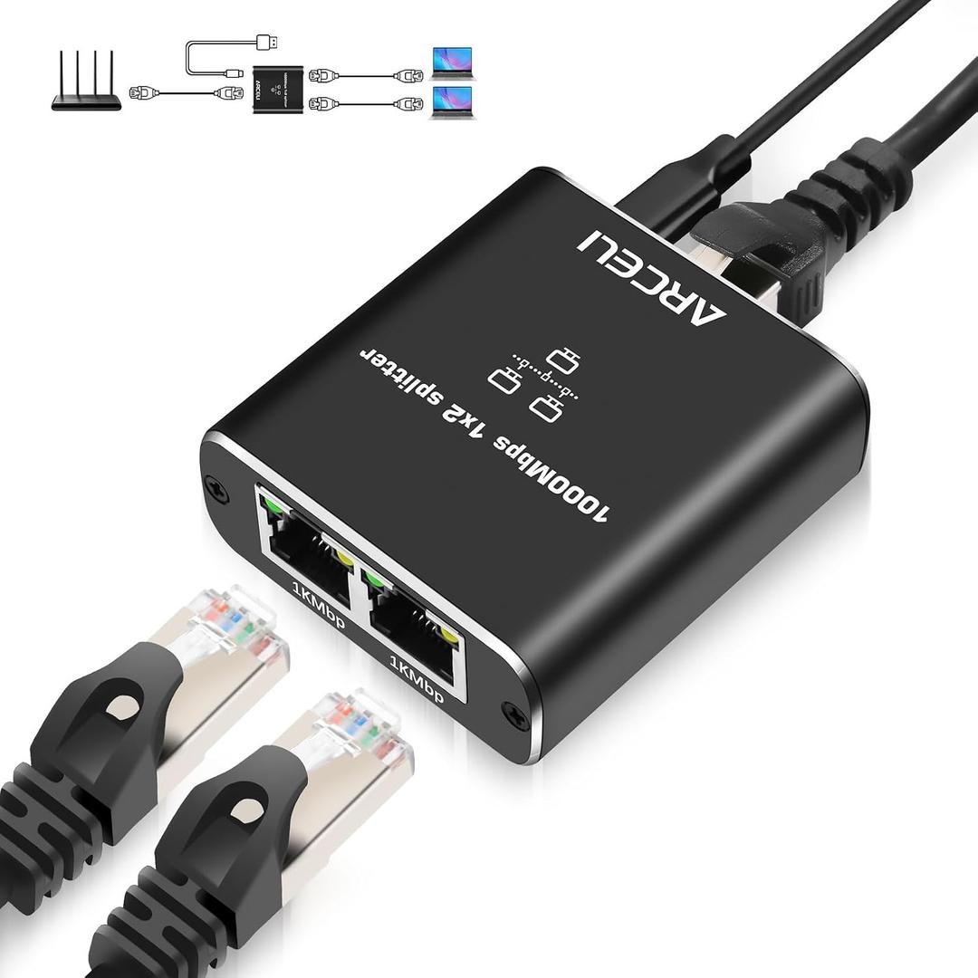 Gigabit Ethernet Splitter 1 to 2 with USB Power Cable, 1000Mbps High Speed RJ45 Internet Splitt-er Adapter for Cat 5/5e/6/7/8 Cable (Ethernet Splitter 1 to 2)