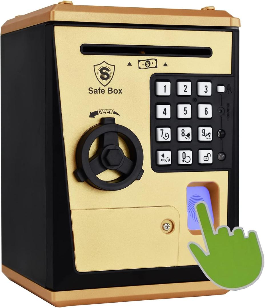 Kids Safe Bank with Fingerprint Password Talking ATM Piggy Bank for Real Money Toy Gift for 5-14 Years Old Boys Girls (Golden)