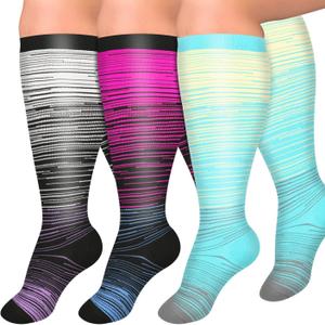 Diu Life 3 Pairs Plus Size Compression Socks for Women and Men Wide Calf Extra Knee High Support for Circulation (5X-Large, 02 Blue/Red/Gray)