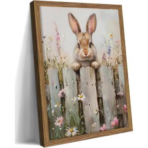 Framed Easter Bunny Wall Art, Cute Rabbit on Wooden Fence Poster Prints, Vintage Cottage Farmhouse Canvas Artwork, Rustic Easter Holiday Wall Decor for Kids Room Girls Bedroom Living Room 12x16in