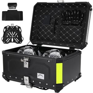 Motorcycle Top Case, 65L Aluminum Motorcycle Top Box with Anti-Theft Lock System, Waterproof, Dustproof, Easy Installation with Universal Bracket, Back Cushion Included, Black, GBTC-65BL