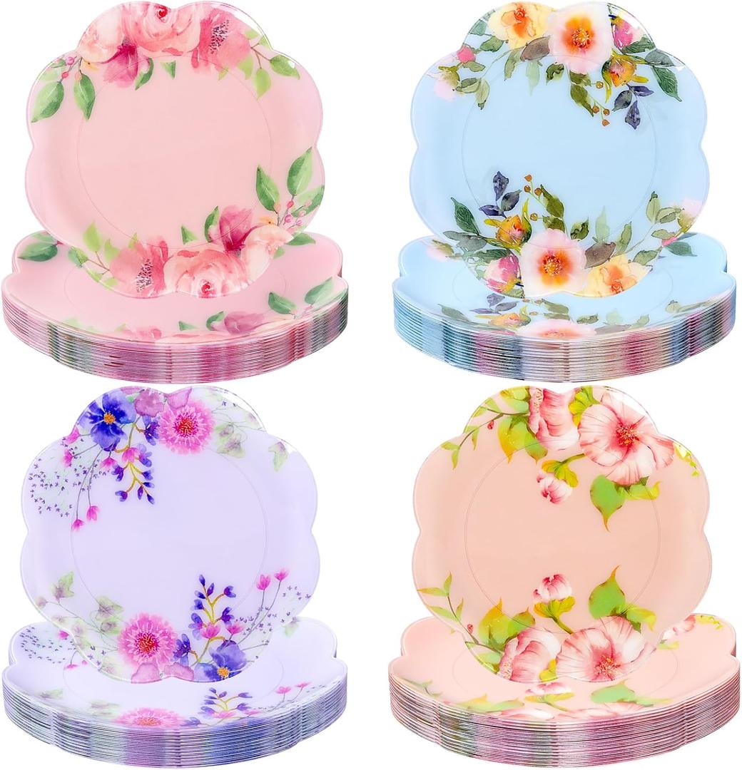 60Pcs Floral Plastic Plates - 7.5inch Dessert Plate Disposable - Heavy Duty Tea Party Plates - Premium Flower Plate Decorations for Birthday Baby Shower Wedding Party Supplies