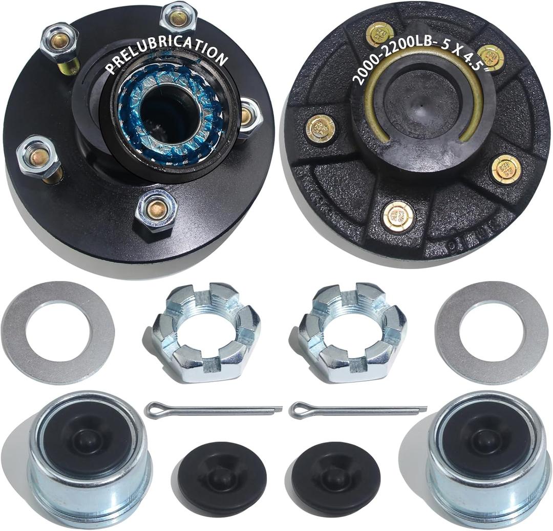 2 Sets Trailer Hub Kit 5 Bolt 4.5 L44649 Brearing and 1.25" I D Grease Seal,Trailer Axle Kit for 2000 lb 5 Lug Pre-Installed and Lubricated Trailer Hub Fits 1-1/16" Straight Spindle with Cap and Plug