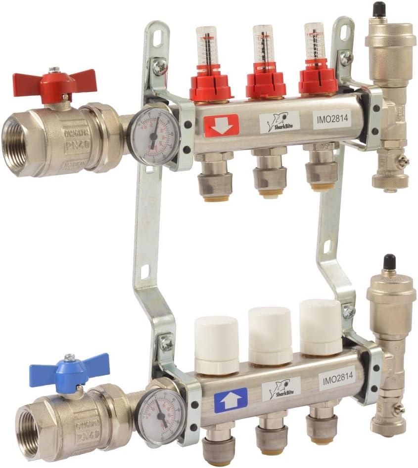 SharkBite 3 Loop Radiant Heating Manifold, Push to Connect Brass Plumbing Fitting, PEX Pipe, PE-RT, 24930