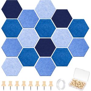 16 Pcs Hexagon Cork Board for Walls with 50 Wooden Push Pins 6.7 x 5.9 in Felt DIY Tiles Notice with Nano Tape Hanging Bulletin Board for Home Photo Office Memo Note(Ocean)