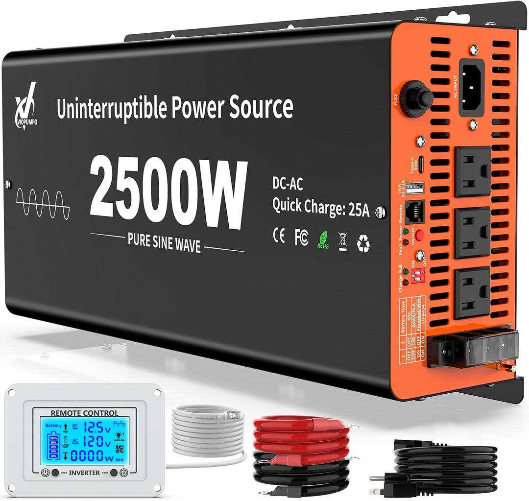 2500 Watt Sump Pump Battery Backup System, Pure Sine Wave Output, Professional Backup System in The Event of a Power Outage, Remote Controller with LCD Screen, Automatic Grid and Battery Switchover