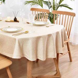 Wolkemer Faux Linen Small Oval Tablecloth Heavy Duty Wrinkle Resistant Fabric Table Cloths 52 x 70 Inch Beige Farmhouse Rustic Table Cover for Kitchen Dining Indoor Outdoor Tabletop Decoration