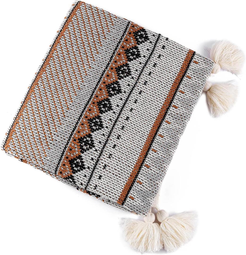 Knitted Throw Blanket Vintage Tassel Bohemian Ethnic Style Geometric Pattern Cozy Armchair Cover Warm Throws for Sofa Couch Bed Shawl Blanket 130x110cm (Small, Brown)