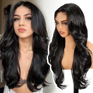 KOME Black Synthetic Lace Front Wig,134 HD Lace Layered Wave Glueless Wigs for Women Daily Use 26IN