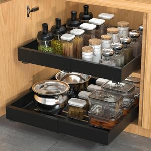 2 Pack Pull Out Cabinet Organizer Expandable, Adhesive with Nano Film, Pull Out Drawers for Cabinets in Kitchen, Pantry or Bathroom (Black, 21" DEEP)
