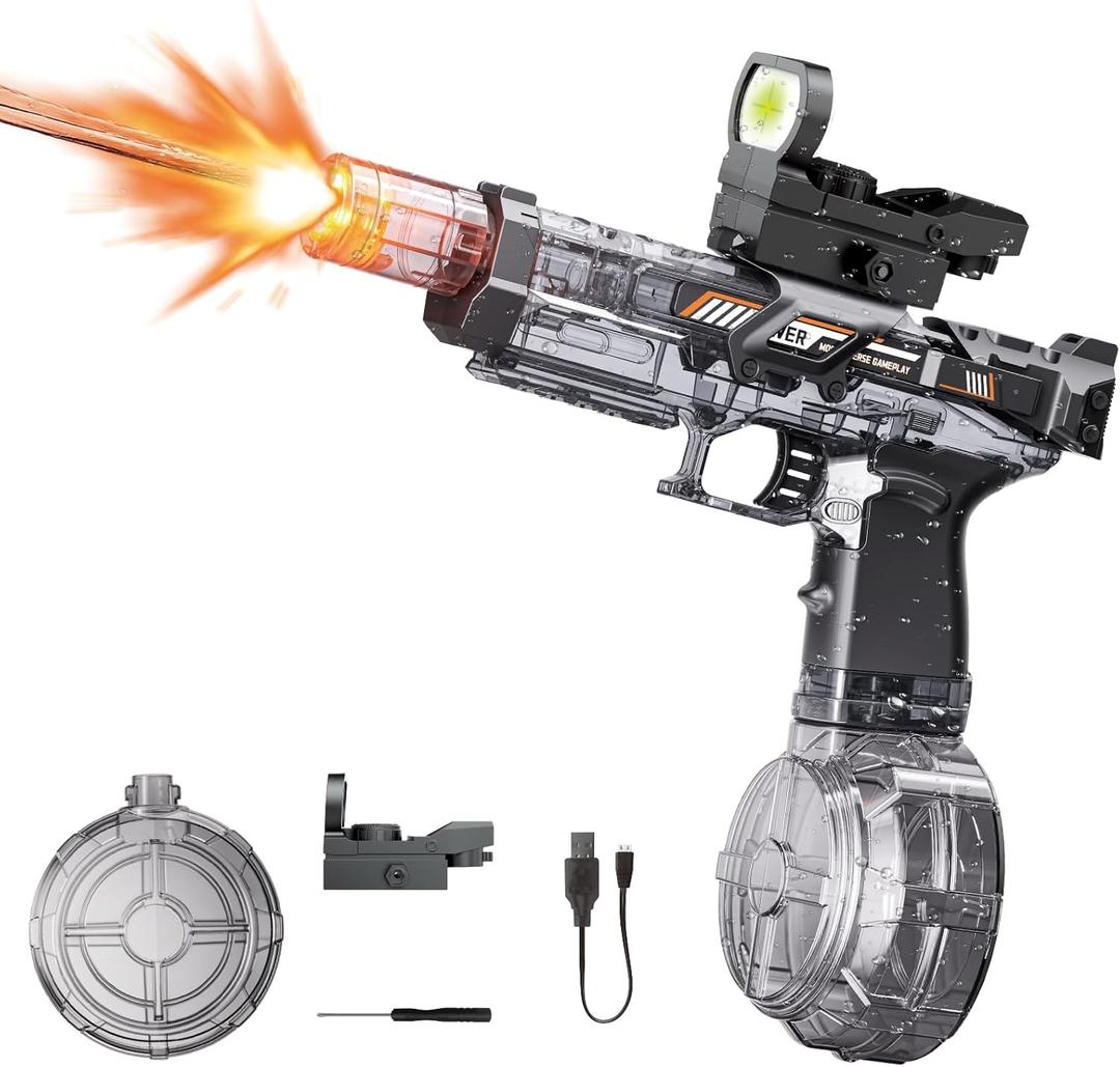 Electric Water Gun Fire Flash Upgraded, 320 Capacity Water Pistol Toy Squirt Gun for Kids Adults, Summer Outdoor Toy Yard Beach Swimming Water Play Toys (Black)