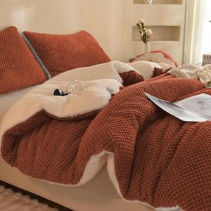 3D Jacquard Design Comforter Set, Ultra-Soft Warm Queen Size Sherpa Fur Plush 3-Pieces Sets Luxury Cozy Bedding with 2 Pillowcases (90"x90", Burnt Orange)