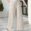 Women's 100% Linen Wide Leg Pants Summer Casual Cropped Palazzo Beach Pants Outfits 2025 Trendy (Beige)