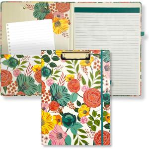 Steel Mill & Co Cute Clipboard Folio with Refillable Lined Notepad and Interior Storage Pocket, Floral Padfolio for Work, Garden Blooms Cream