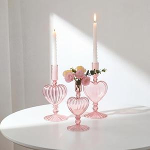 Maxdot 3 Pcs Valentine's Day Pink Glass Candle Holders Pink Heart Glass Taper Candle Holders Heart Candlestick Vase Decor for Valentines Wedding Receptions Festival Party Table Centerpieces Decoration