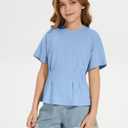 ZDC Girls Pleated Short Sleeve T Shirts Summer Crewneck Tops Casual Cute Basic Tees 5-14 Years Blue