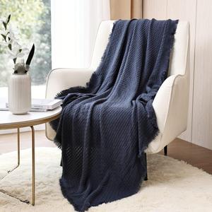 CREVENT Farmhouse Waffle Knit Throw Blanket for Couch Sofa Chair Bed Home Decoration, Soft Warm Cozy Light Weight for Spring Summer Fall (50''X60'' Navy Blue)