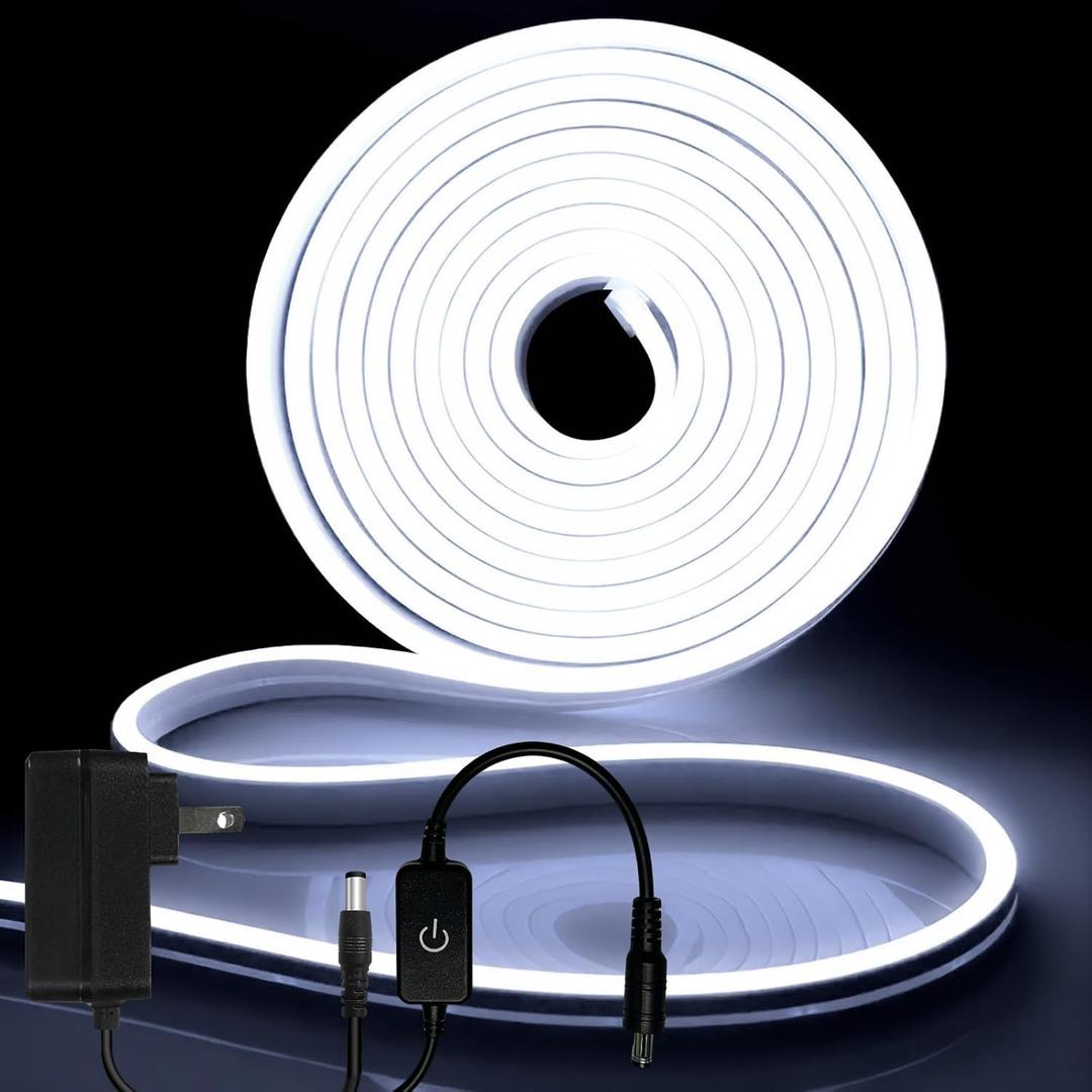 iNextStation 12V LED Strip Lights 16.4FT, Flexible Silicone Neon Rope Light, Waterproof, Cuttable, Dimmable & Linkable, for Cabinet, Ceiling, Wall, Bedroom, Kitchen (16.4FT(No Plug), White)