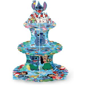 Stitch Themed Party Supplies and Decorations, a Three-Tiered Cupcake Stand, a Display Stand for Birthday Desserts and Cakes, which is Suitable for Cute-Style Birthday Decorations.