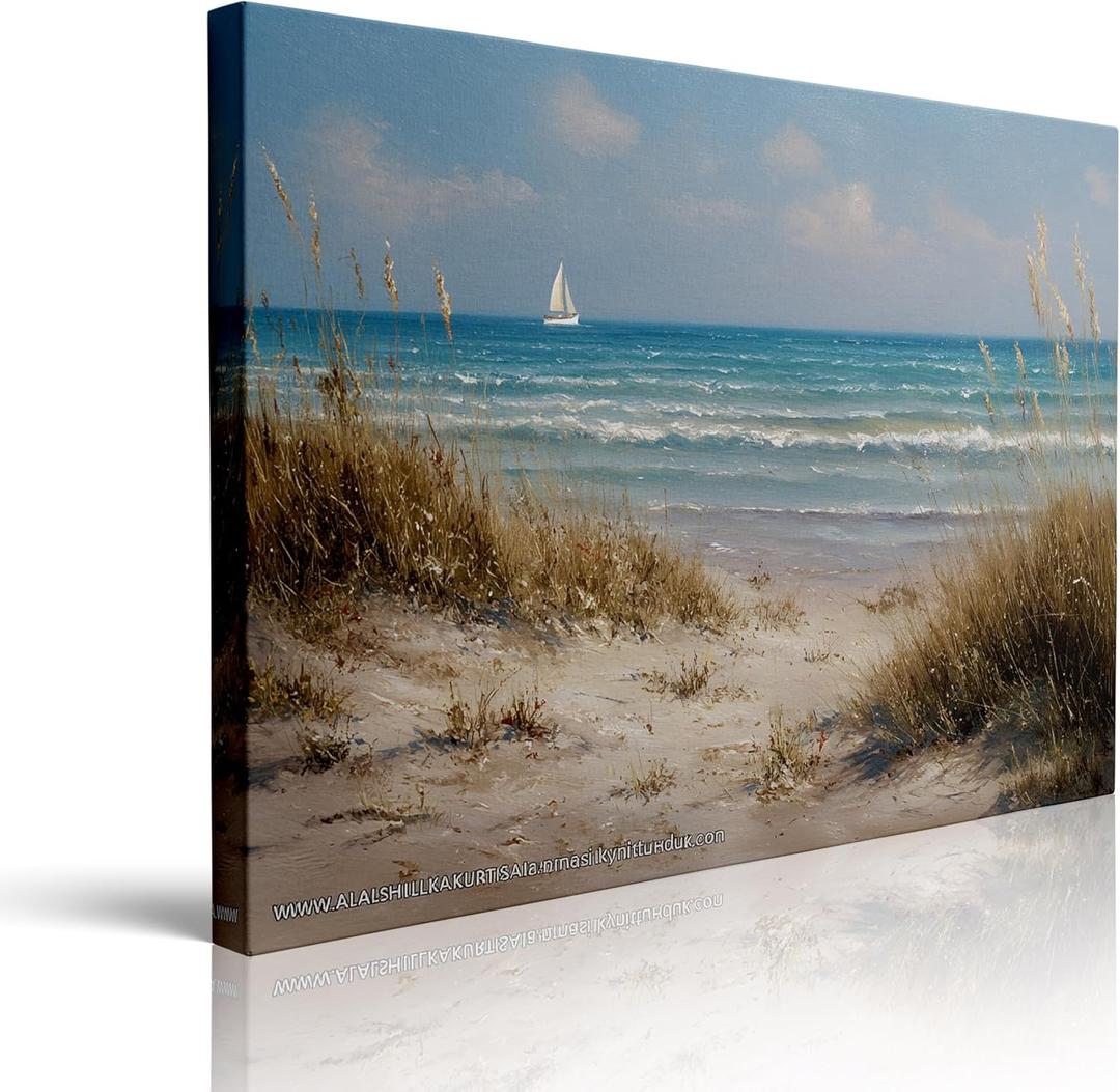 Canvas Wall Art Framed Seascape Coastal Nautical Ocean Sailboat Wave Beach Scene Vibrant Textured Impressionist Modern Contemporary Vintage Wall Decor for Living Room Office Serene Decor 16x24 Inches (landscape)