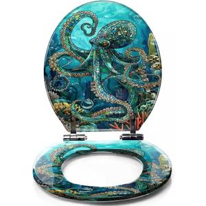 Colored Toilet Seat with Slow Close, Teal Blue Ocean Octopus Coral Reefs Resin Toilet Seats, Easy to Install, Easy to Clean Heavy Duty Deluxe Toilet Seat (pattern3)