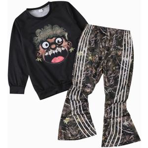 Toddler Baby Boy Clothes Cartoon Face Print Colour Blocking Sweatshirt + Sweatpants Outfits Set (7-8 Year)