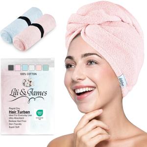 Lili&James 100% Cotton Hair Towel Wrap for Women & Kids 420 GSM Quick Dry Hair Turban with Double Button Loop, Anti Frizz Non Microfiber Hair Drying Towel for Curly, Long & Thick Hair (Blue+Pink), 10W X 26L