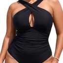 Daci Womens Front Cross Plus Size One Piece Swimsuits Tummy Control Keyhole Bathing Suits Swimwear (Black, XXL)