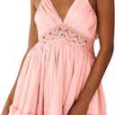 ECOWISH Summer Dresses for Women 2025 V-Neck Spaghetti Strap Bowknot Backless Sleeveless Lace Mini Swing Skater Dress (X-Large, Pink)