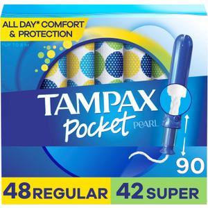 Tampax Pocket Pearl Compact Tampons Duo Pack, Regular/Super Absorbency with BPA-Free Plastic Applicator and LeakGuard Braid, Unscented, 90 Count Total (3 Packs of 30)