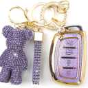 Cute Key Fob Cover with Rhinestone Bear Charm, Bling TPU Smart Key Case for Women, Compatible with Hyundai Santa Fe Santa Fe Sport Sonata Sonata Sport (4-Button, Gold Purple)