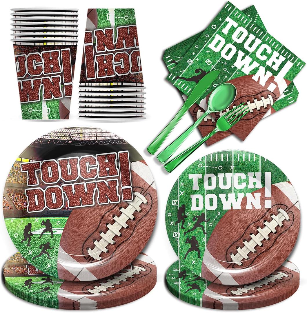 Football Party Decorations Tableware - Football Party Supplies Set, Include Dinner Plates, Cups, Napkins, Cutlery, for Touchdown Boys Football Party Supplies | 24 Guests