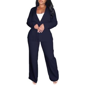 Elainone Pant Suits for Women Professional 2 Piece Outfits Solid Color Button Down Business Casual Blazer Sets (Small, Navy Blue)
