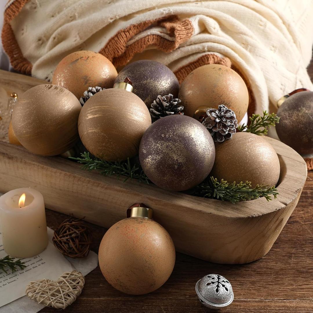 12 Pcs Brown Vintage Christmas Ornaments for Tree 3.15 Inch Textured Rustic Earth Toned Rust Christmas Balls Shatterproof Farmhouse Neutral Xmas Baubles for Home Decor DIY Party Gift