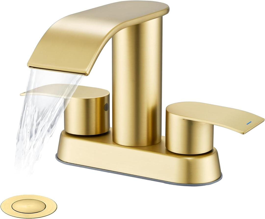 Ultimate Unicorn Bathroom Faucet for Sink Brushed Gold, 4 Inch Bathroom Sink Faucet for 3 or 2 Holes, 2 Handle Waterfall Faucets with Pop up Drain, Centerset Faucets for RV, Patent No. : US D983,326 S