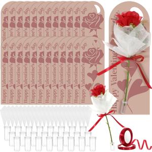 Eaasty 24 Set Mother's Day Themed Single Rose Card Sleeve Gift Packaging Flower Holder with Floral Water Tubes Ribbon Floral Tissue Paper for Rose Packing