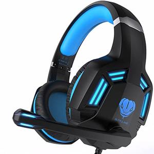 Gaming Headset Wired Over Ear Headphones with Stereo Surround Sound, Noise-Cancelling Microphone, LED Lights for Kids Adults, Black Blue