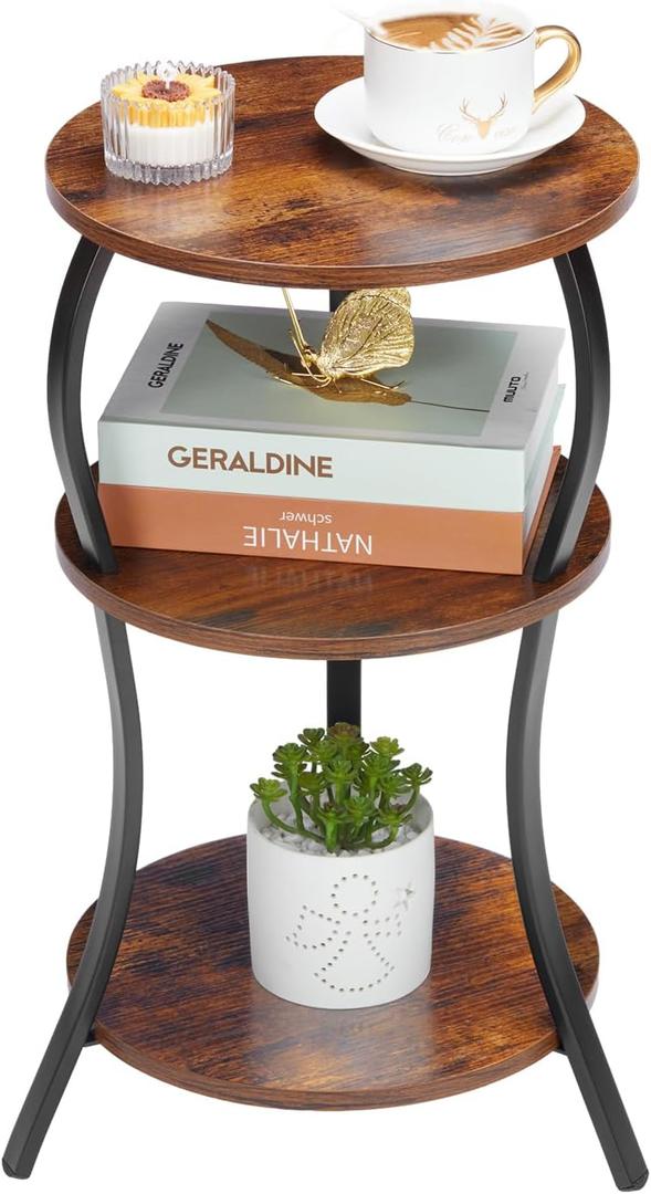 Vintage Small Round Side Table, 3-Tier Slim Waist Circular End Table with Storage Shelf, Compact Tea Sofa Table, Round Corner Coffee Table Nightstand for Living Room Bedroom Small Spaces, Rustic Brown