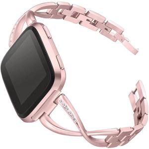 bayite Stainless Steel Bands Compatible with Fitbit Versa/Fitbit Versa Lite & SE/Fitbit Versa 2, Women Bling Replacement Bracelet with Rhinestones Diamond X-Link Accessories (Rose Gold)