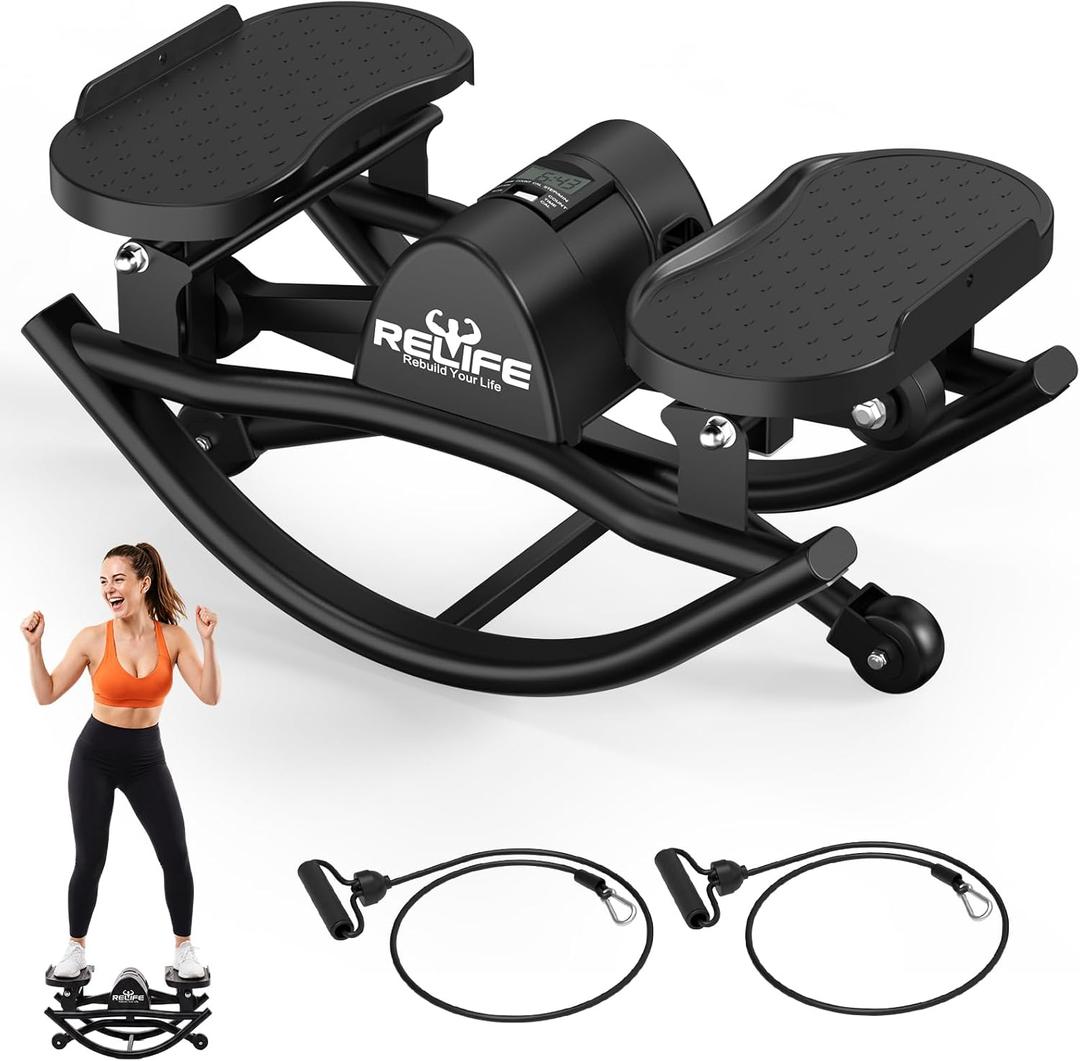 RELIFE REBUILD YOUR LIFE Rock Stepper Side to Side Rocking Fitness Step Low-Impact Balance Board with Resistance Bands,Non-Slip Base for Full Body Workout, Fitness Machine Equipment at Home